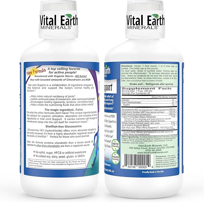 Vital Earth Liquid Joint Support Supplement – Glucosamine Chondroitin MSM Plus Hyaluronic Acid Boswellia &amp Fulvic Acid (70+ Trace Minerals) 32 Oz + 1 Oz Cup