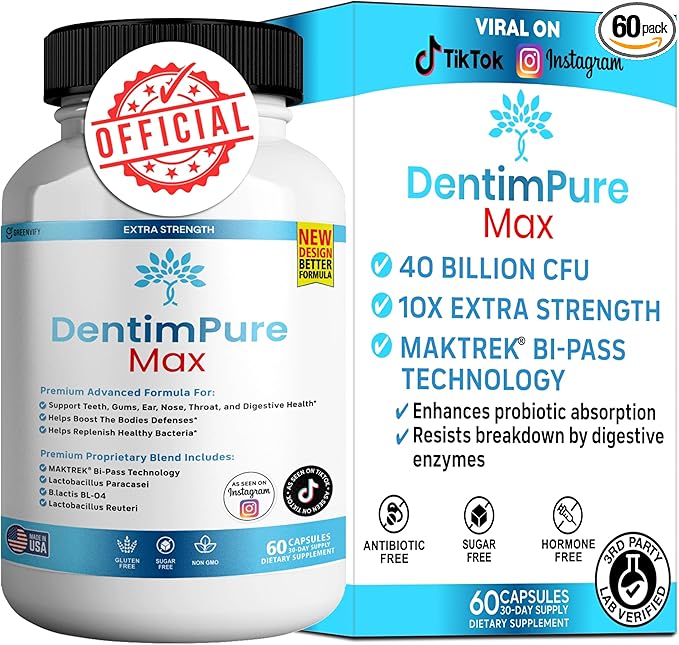 DentimPure Max Extra Strength Probiotic Supplement with 40 Billion CFU – Supports Teeth Gums Ear Nose Throat &amp Digestive Health – 60 Capsules (1)
