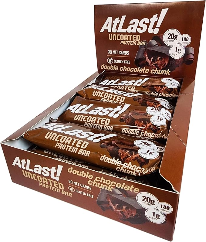 AtLast! Nutrition Double Chocolate Chunk Protein Bars – Low Carb Keto-Friendly High Protein Gluten-Free Low Sugar Snack – 20g Protein Only 3g Net Carbs – Box of 12