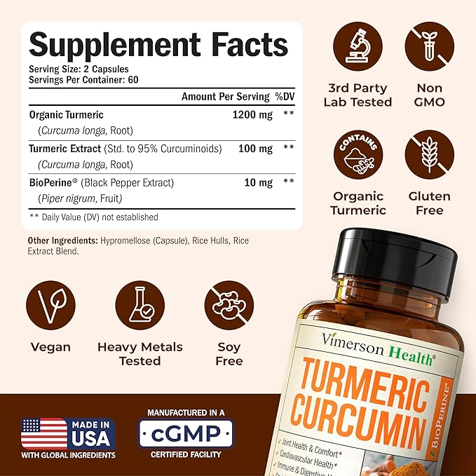 Turmeric Curcumin Supplement with Black Pepper Extract - High Potency Organic Turmeric 1200mg &amp 95% Curcuminoids for Joint &amp Digestive Health - Joint Support Supplement - 120 Vegan Curcuma Cap