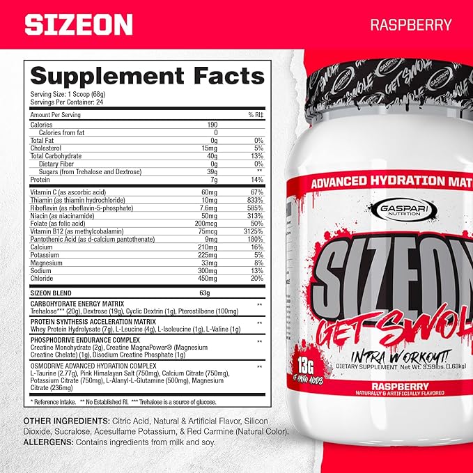 Gaspari Nutrition SizeOn The Ultimate Hybrid Intra-Workout Amino Acid &amp Creatine Formula Increased Muscle Volume &amp Muscle Recovery (3.59 Pounds Raspberry)