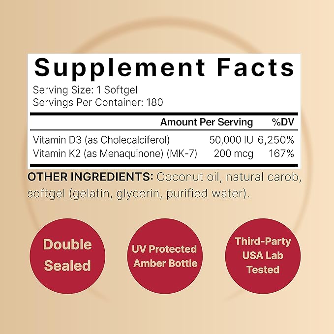 NatureBell Vitamin D3 50000 IU with Vitamin K2-180 Softgels - High-Potency Bone &amp Immune Support* - Easy Absorption with Coconut Oil - Non-GMO &amp Gluten-Free