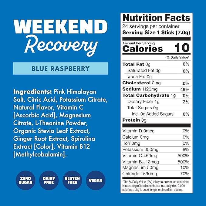 Waterboy Weekend Recovery | 3200mg Electrolyte Powder Packets | Ginger + L-Theanine + Vitamins | No Sugar All Natural Gluten Free | 24 Drink Stick Mixes (Blue Raspberry)