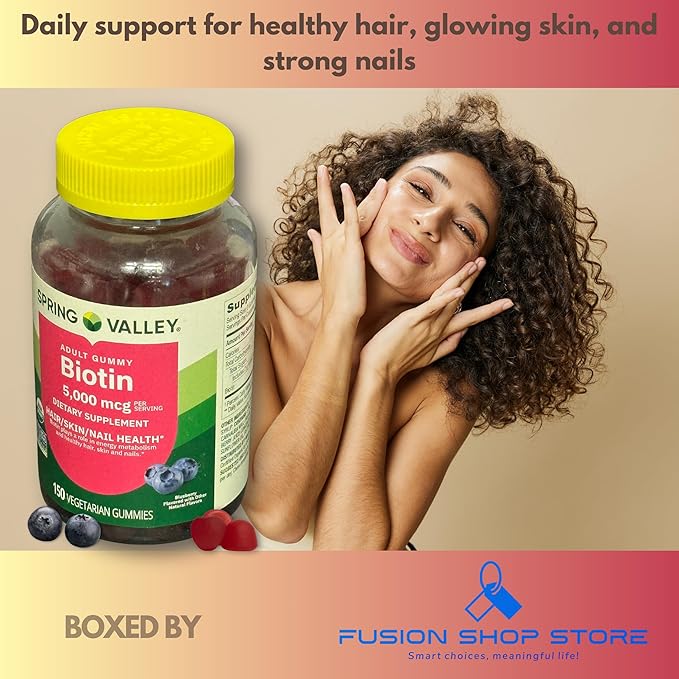 Biotin 5000mcg- Blueberry Flavor Hair Skin and Nails 150 Gummies (Pack of 1) Boxed by Fusion Shop Store