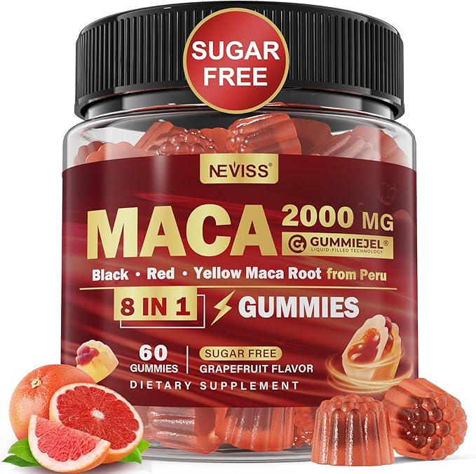 Maca Root Filled Gummies 2000mg for Women Men | Sugar Free | Organic Black Red Yellow Maca Root Supplement Gummy Chews with Ashwagandha Ginseng &amp Zinc | Vegan Non-GMO Grapefruit Flavor 60 Cou