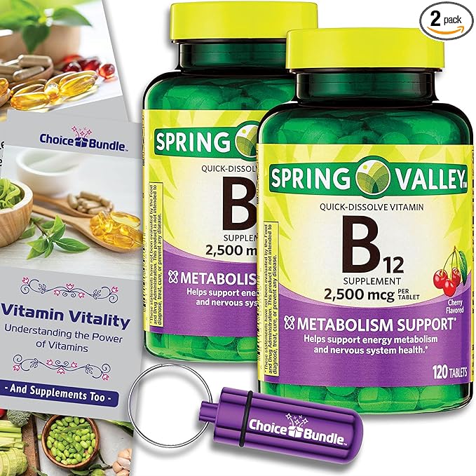 Spring Valley Vitamin B12 Quick Dissolve Tablets 2500 Mcg B Vitamins Complex 120 Ct 2 pk (240 Total) + Vitamin Vitality &amp Pill Container (4 Items)!