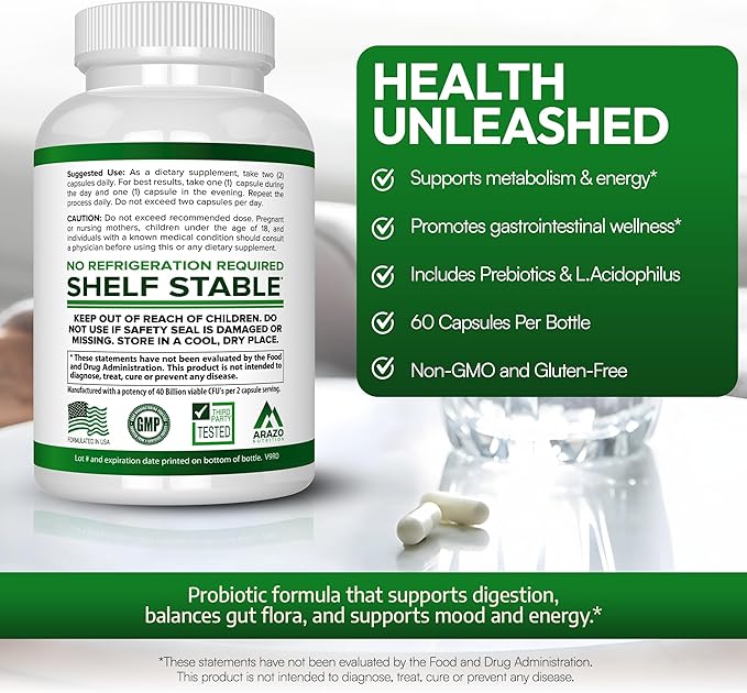 Arazo Nutrition Probiotic 40 Billion CFU - Shelf Stable with Prebiotics and Acidophilus - Stable Potency Until Expiration – Time Delay Release Probiotics (Pack of 2)