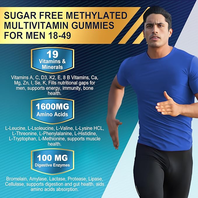 Methylated Multivitamin for Men Gummies BCAA Amino Acids Zinc Daily Vitamin A C D3 E K2 B Complex Calcium Magnesium Lycopene Digestive Enzymes - Energy Immune Muscle- Sugar Free Vegan 60Cts