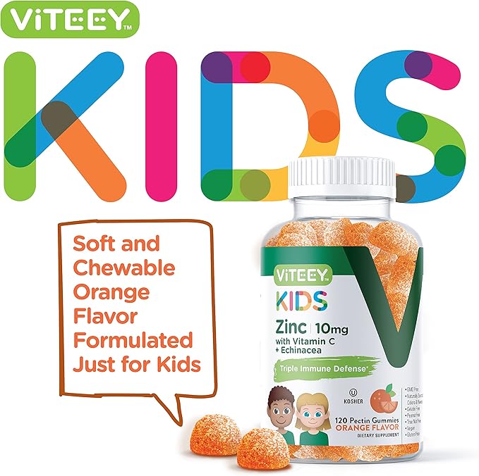 Viteey Zinc for Kids Gummies 10mg with Vitamin C &amp Echinacea - Immune Support Powerful Natural Antioxidant Kids Zinc Vitamin Supplement - Vegan Gelatin Free - Tasty Chewable Orange Flavor Gumm