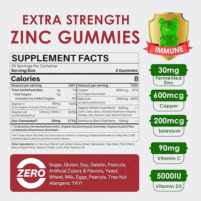 Fermented Zinc Gummies 30mg Copper Selenium Vitamin C D3 Superior Absorption Zinc Supplements for Women &amp Men Immune Powerful Antioxidant Zinc Picolinate Alternaitive Vegan No Sugar 60