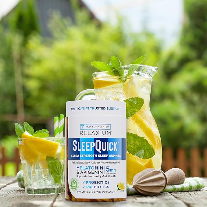Relaxium SleepQuick Gummies - Sleep Aid + Gut Health &amp Immune Support 5mg Melatonin Vitamin D-3 + Prebiotic &amp Probiotic Blend Gluten &amp Drug Free Lemon Flavor 90 Gummies