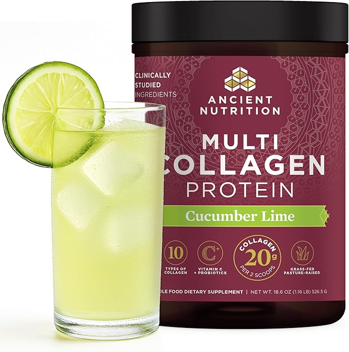 Ancient Nutrition Collagen Powder Protein Multi Collagen Protein Cucumber Lime Hydrolyzed Collagen Peptides Supports Skin and Nails Joint Supplement 18.6oz