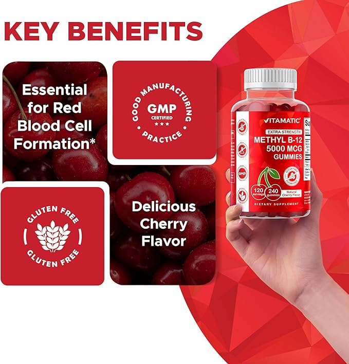 Vitamatic Extra Strength Vitamin B12 5000 mcg (Methyl B12) Gummies - 240 Count Natural Cherry Flavored