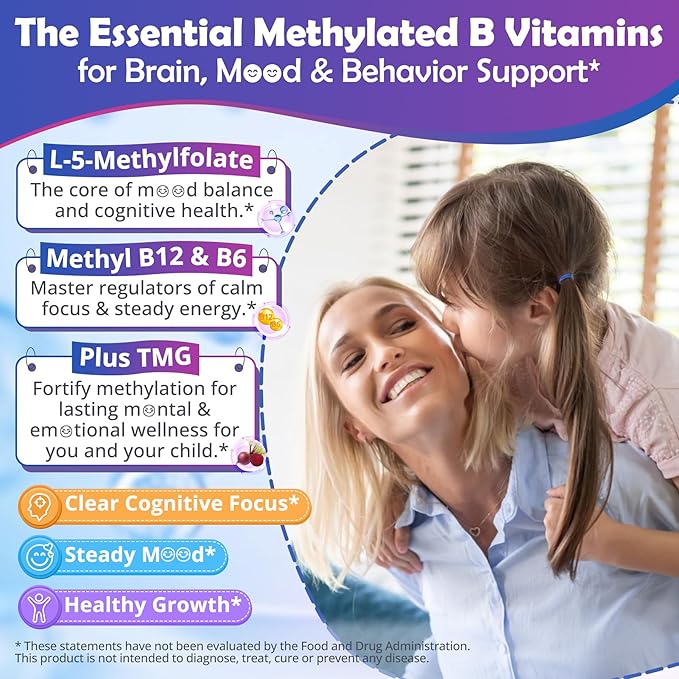 L-Methylfolate 1000 mcg + Methyl B12 Gummies for Kids &amp Adults - Active 5-MTHF w/Omega-3 DHA &amp EPA(3:1) Choline &amp TMG B6 Supports MTHFR Gene Brain Energy &amp Methylation Sugar fre