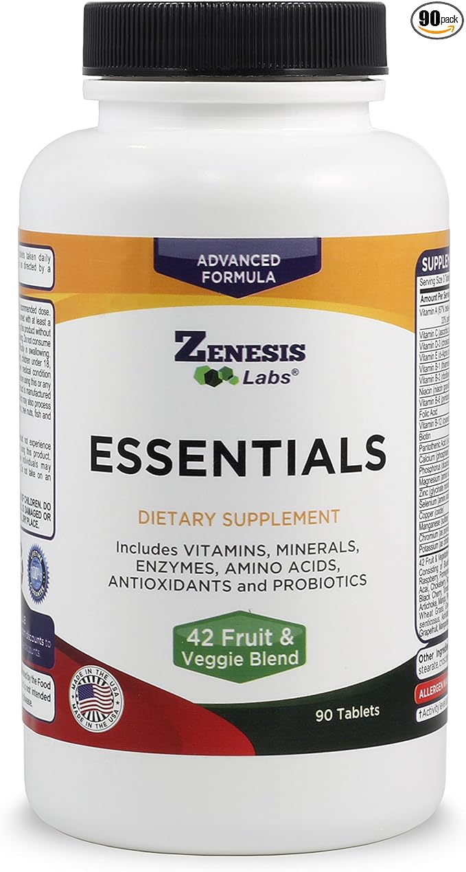 Zenesis Labs Essentials - a Natural &amp Nutrient Rich Multi-Vitamin - with Minerals Enzymes Amino Acids Antioxidants and Probiotics - 90ct