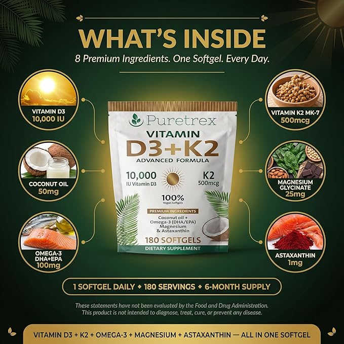 Vitamin D3 10000 IU + K2 MK-7 (500mcg) | High-Strength Vegan D3 from Lichen | Omega-3 DHA/EPA Astaxanthin Black Seed Oil &amp Algal DHA | Immune Bone Heart &amp Muscle Support | 180 Softgels