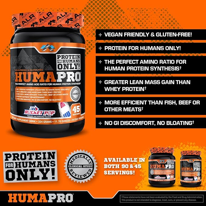 Humapro | Amino Acids Protein Matrix for Humans | 99% Utilization for Lean Muscle | Vegan Gluten Free | 334g / 45 Servings (Rocket Pop)