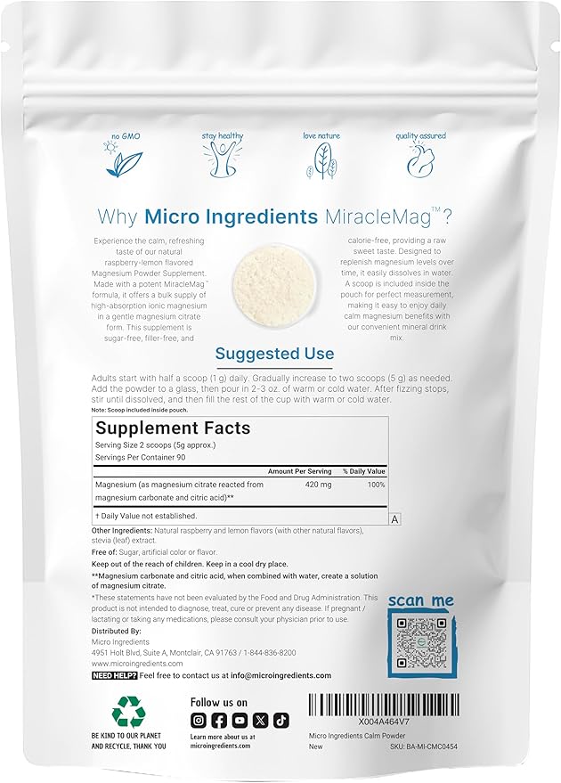 MiracleMag Calm Magnesium Powder 1lb | Magnesium Citrate Supplement | Sweet Raspberry Lemon Flavored | Calm &amp Relaxation Mineral Support | Easily Absorbed Ionic Form | Non-GMO Vegan Sugar Free