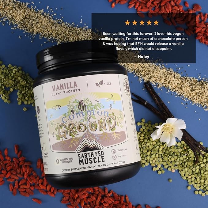 Earth Fed Muscle Common Ground Vanilla Vegan Protein Powder - Organic Plant Based Protein Powder with Pea Hemp Goji MCT Soy-Free Gluten-Free Vegan Protein for Women &amp Men - 30 Servings