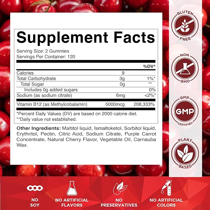 Vitamatic Extra Strength Vitamin B12 5000 mcg (Methyl B12) Gummies - 240 Count Natural Cherry Flavored