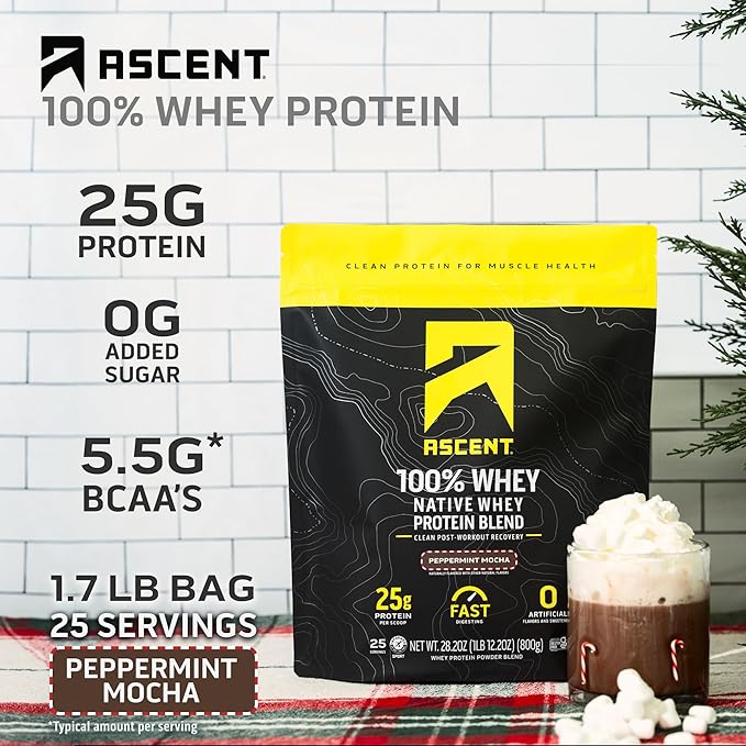 Ascent 100% Whey Protein Powder - Post Workout Whey Protein Isolate Zero Artificial Flavors &amp Sweeteners Gluten Free 5.5g BCAA 2.6g Leucine Peppermint Mocha 1.7 lb