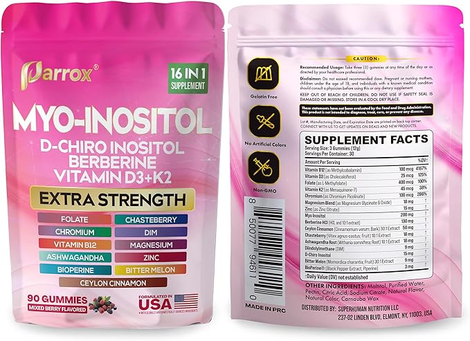 Myo-Inositol &amp D-Chiro Inositol Gummies with Berberine Vitamins D3+K2 B12 Folate Zinc Magnesium Ashwagandha Chasteberry Bioperine DIM - 16 in 1 Supplement - Mixed Berry Flavor - 90 Gummie