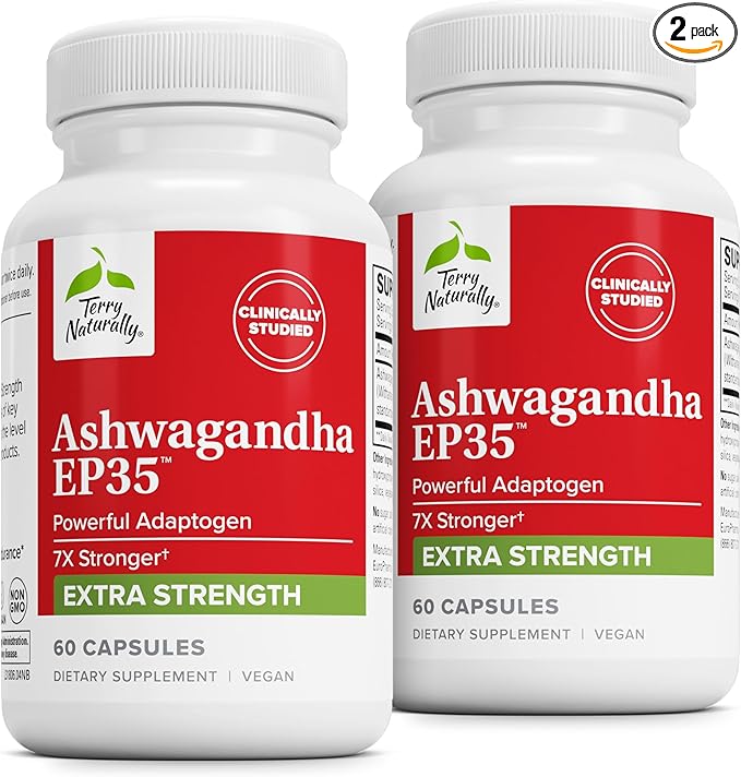 Terry Naturally Ashwagandha EP35 Extra Strength - Herbal Supplement for Sleep Support - Aid Healthy Stress Response - Endurance &amp Energy Support - 60 Capsules (60 Servings)