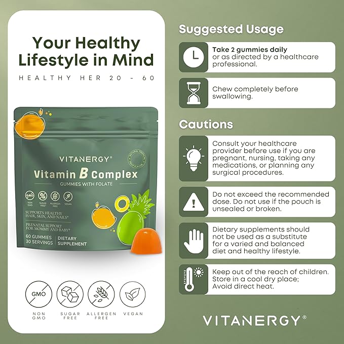 Vitamin B Complex Gummies for Women - 7 Essential Vitamins and Iron Energy Immune Prenatal Support Portable Pouch Tropical Flavor Made in USA 60 Count