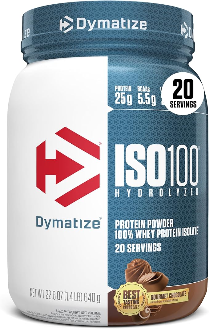 Dymatize ISO100 Whey Protein Powder Isolate Gourmet Chocolate 25g of Protein 20 Servings 5.5g BCAAs Less Than 120 Cal. Gluten Free 1g Fat 1g Sugar 2g Carb