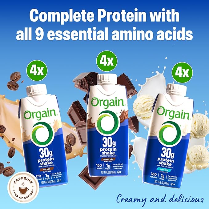 Orgain 30g High Protein Shake Variety Pack Dairy Isolate Milk Protein 5g BCAAs 1g Sugar Per Serving Caffeine Meal Replacement Ready to Drink Chocolate Vanilla Café Latte 11 Fl Oz (12 Pack)