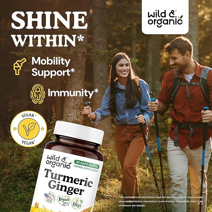 Wild &amp Organic Turmeric and Ginger Supplement Capsules - Mobility &amp Immune Support - Ginger and Turmeric Supplements with Black Pepper - 30 Days of Supply - Vegan No Fillers Non-GMO - 60 Cou