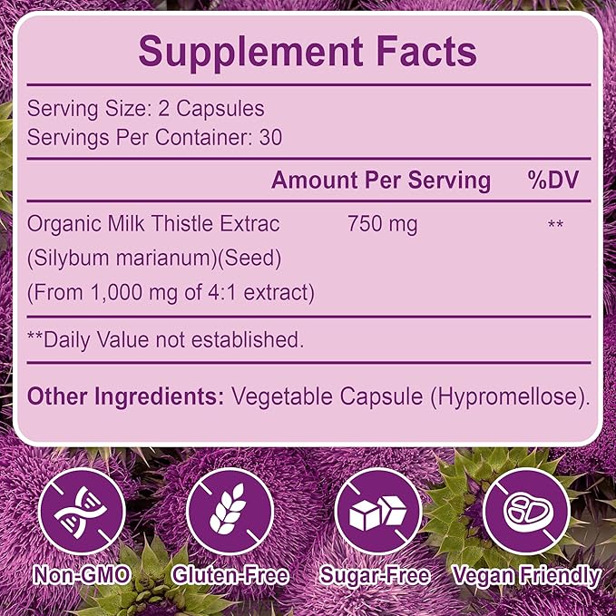 NETICKLP 750mg Milk Thistle Supplement - Organic Milk Thistle Extract for Healthy Liver Herbal Wellness Support Non-GMO Gluten-Free 60 Capsules