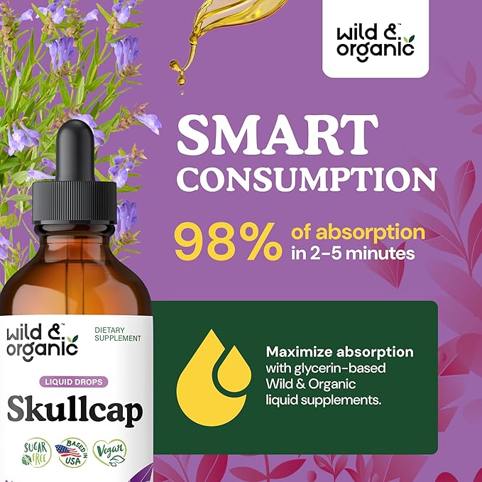 Wild &amp Organic Skullcap Herb Tincture - Skullcap Supplement for Mood Support - Relaxing Liquid Extract Drops - Vegan Sugar &amp Alcohol-Free - 4 fl oz