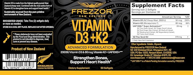 FREZZOR Vitamin D3 and K2 Caps High Potency D3 2000IU and K2 (MK7) 80mcg Unique VIT D3 from 100% New Zealand Sheep's Wool Lanolin180 Softgels 3 Month Supply