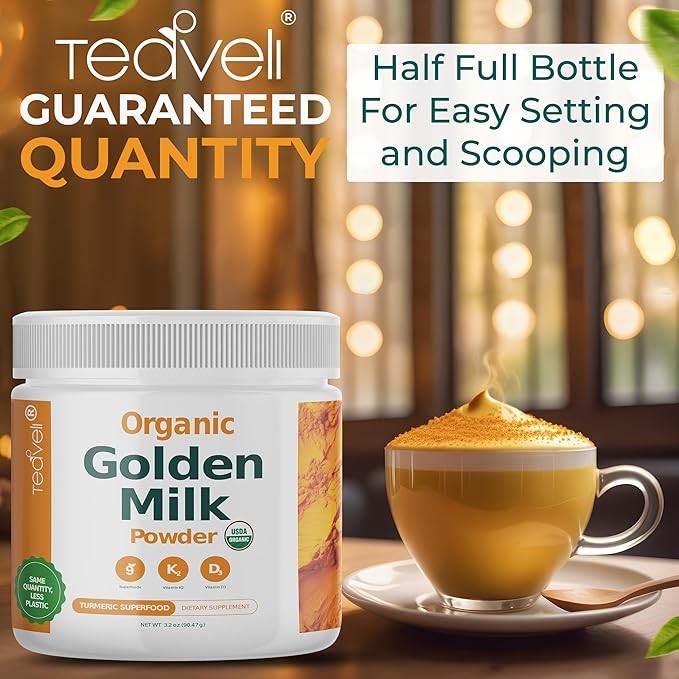 Organic Golden Milk Powder with Vitamins D3 &amp K2 Turmeric Ginger Curcumin Cinnamon KSM66 Ashwagandha Holy Basil &amp Natural Prebiotics– Delicious Unsweetened Turmeric Tea Latte- 30 Serving