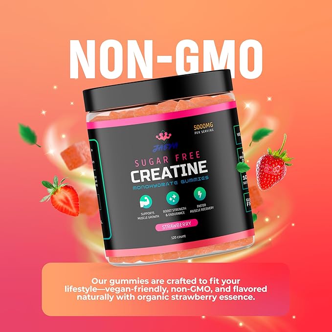 Jaeva Sugar Free Creatine Monohydrate Gummies 5g 5000mg for Men &amp Women Strawberry - 120 Count Pre Workout for Energy Boost for Building Muscle and Strength Vegan Non-GMO 3rd Party lab Test