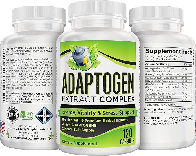 2-Month Adaptogen Supplement (9-in-1) Adaptogenic Complex with Ashwagandha Panax Ginseng Rhodiola + More | Herbal Extract Blend | Adaptogen Supplements | 60-Day Bulk Supply | 120 Capsules