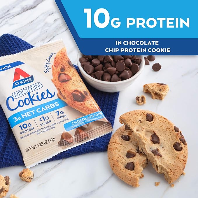 Atkins Chai Tea Latte Protein Shake with 15g Protein 3g Net Carbs 1g Sugar and Atkins Chocolate Chip Protein Cookie with 10g Protein 3g Net Carbs 1g Sugar Keto Friendly 4 Count