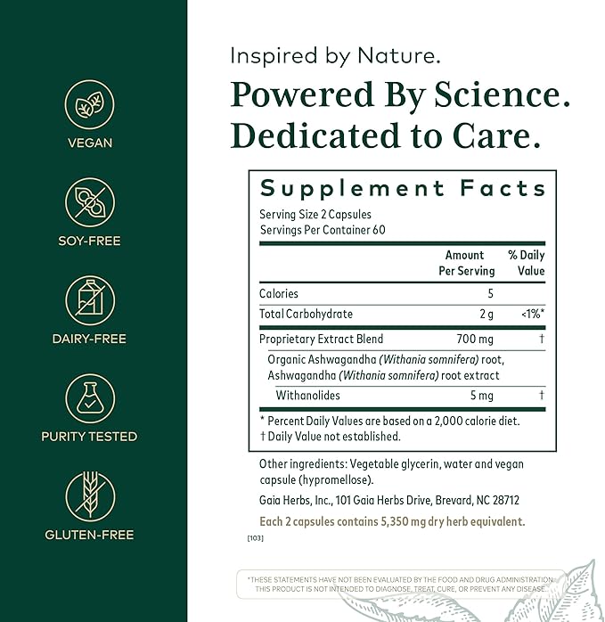 GAIA HERBS PRO Ashwagandha 700 - Healthy Immune Support Supplement* - Single-Herb Formula with Organic Ashwagandha - Vegan Gluten-Free Soy-Free - 120 Liquid Phyto-Caps (60 Servings)