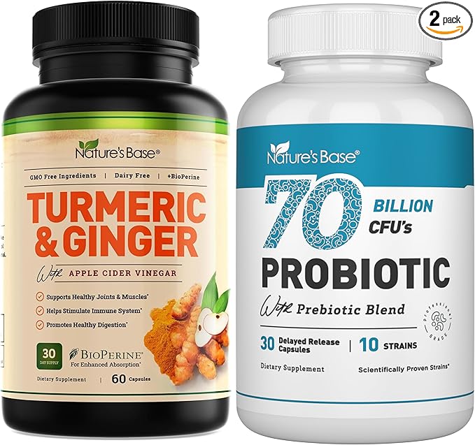 Nature's Base Turmeric &amp Ginger 60 ct + Probiotics 70 Billion CFU 30 ct