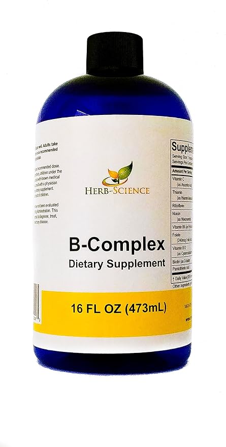 Vitamin B-ComplexSuper B Complex Vitamins with Vitamin C Liquid 16 oz - All B Vitamins Including B1 B2 B3 B5 B6 B7 B9 B12 Folic Acid Niacin Biotin Alcohol-Free - Herb-Science