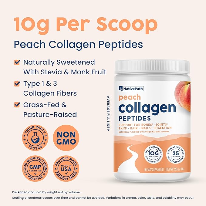 NativePath Collagen Peptides - Hydrolyzed Type 1 &amp 3 Collagen. Keto &amp Paleo Grass-Fed Protein Powder for Hair Skin Nails Bones Joints Digestion and More - No Gluten or Dairy (Peach 226g)