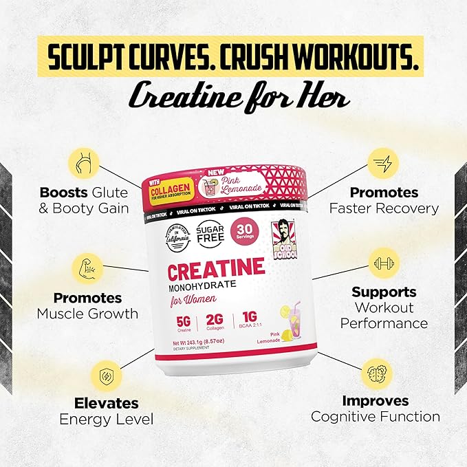 Old School Labs 5g Creatine Monohydrate Powder with Collagen &amp BCAA ∣ Women's Post-Workout Formula for Muscle Repair &amp Recovery Energy &amp Lean Muscle Support 30 Servings Pink Lemonade