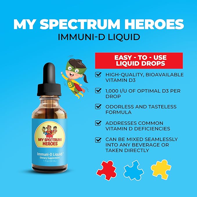 My Spectrum Heroes - Immuni-D Liquid Vitamin D3 Supplement 1000 IU Per Serving Gluten-Free Tasteless Vitamin Liquid Aids in Mineral Absorption for Kids &amp Adult - 1 FI oz (30 mL)