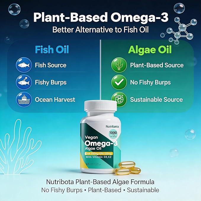 Vegan Omega-3 Algae Oil Supplement with DHA 300mg &amp EPA 150mg Plant-Based Omega-3 with Vitamin D3 &amp K2 Fish-Free Algal Oil Softgels for Men &amp Women 60 Softgels 30 Day Supply