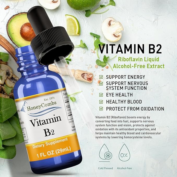 HoneyCombs Riboflavin Vitamin B2 Liquid Drops 500 Percent DV b2 Made in USA Alcohol Free B2 Vitamins Supplement Fast Absorbing Riboflavin Alternative to Capsules for Adult Daily Use