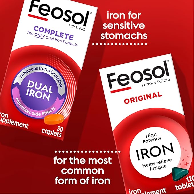 Feosol Complete Iron Supplement Caplets Bifera Iron for High Absorption Heme and Non-Heme Dual Action Minimizes Side Effects 1 Per Day Energy and Immune System Support Pack of 2 Total 60 Count