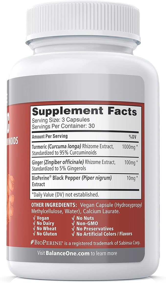 Balance ONE Turmeric Extract 1000mg with Max Strength 95% Curcuminoids - Turmeric Curcumin Supplement for Joint Comfort &amp Antioxidant Support - Ginger Extract and BioPerine - 1 Month Supply
