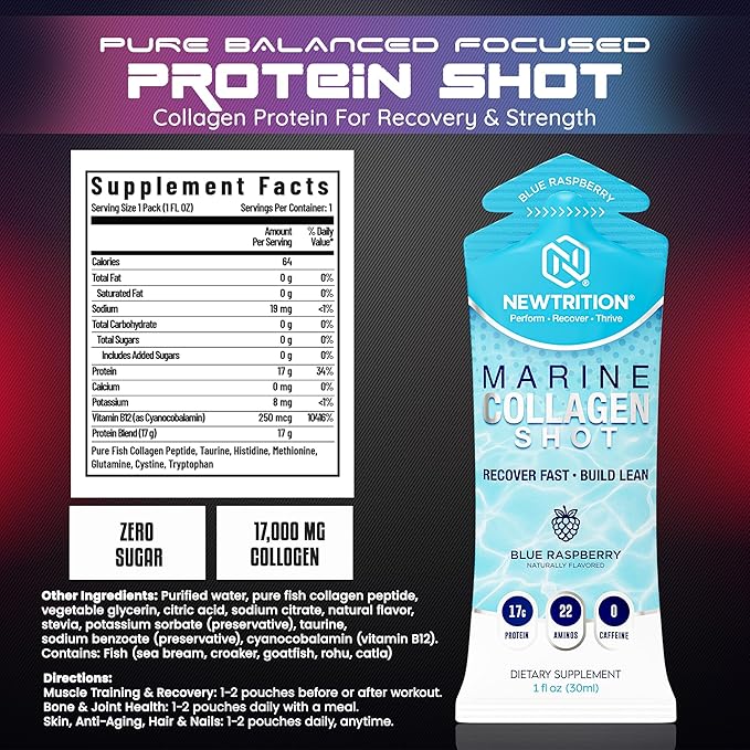 NewTrition® 17000mg Liquid Protein Shots Fast-Absorbing with Hydrolyzed Marine Collagen 22 Amino Acids Vitamin B12 Zero Sugar &amp Caffeine Recovery Marine Collagen Shots - Easy Protein Packets 1
