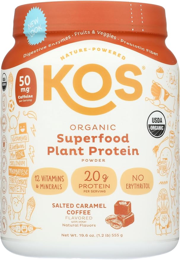 KOS Vegan Protein Powder Salted Caramel Coffee - Low Carb Pea Protein Blend Organic Plant Superfood Rich in Vitamins &amp Minerals - Keto Dairy Free - Meal Replacement for Women &amp Men - 15 Ser